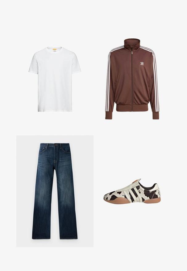 Brązowa kurtka sportowa z poliestru z białymi paskami po bokach, wysokim kołnierzem, przednim zamkiem błyskawicznym i logo Adidas na lewej piersi. Posiada dwie boczne kieszenie.; Biała bawełniana koszulka z okrągłym dekoltem, krótkimi rękawami i małym logo na piersi. Gładka tekstura i klasyczny krój.; Ciemnoniebieskie dżinsy z prostymi nogawkami, charakteryzujące się lekką teksturą, szlufkami na pasek oraz klasycznym pięciopocketowym stylem.; Czarno-białe skórzane buty w wzory z teksturowanym wykończeniem, z trzema białymi poziomymi paskami i brązową gumową podeszwą.