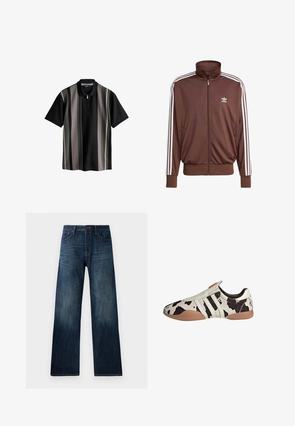 Hnědá polyesterová sportovní bunda s bílými bočními pruhy, vysokým límcem, předním zipem a logem Adidas na levé části hrudi. Obsahuje dvě boční kapsy.; Černé polo tričko s vertikálními pruhy v šedé, krémové a tmavě šedé barvě. Má zipový límeček a texturovanou tkaninu. Krátké rukávy.; Tmavě modré džíny s rovnými nohavicemi, mají lehkou texturu, poutka na pás a klasický pětipocket design.; Bílo-černé kožené boty s vzorem a texturovaným povrchem, s třemi bílými horizontálními pruhy a hnědou gumovou podrážkou.