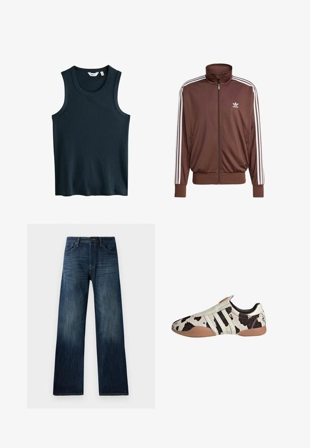 Braune Polyester-Trainingsjacke mit weißen seitlichen Streifen, hohem Kragen, Frontreißverschluss und Adidas-Logo auf der linken Brust. Verfügt über zwei seitliche Taschen.; Dunkelblaues, geripptes Tanktop mit Rundhalsausschnitt und breiten Trägern. Keine sichtbaren Muster oder Akzente. Hergestellt aus einem weichen, dehnbaren Material.; Dunkelblaue Jeans aus Denim mit geradem Bein, ausgestattet mit einer leichten Textur, Gürtelschlaufen und einem klassischen Fünf-Taschen-Stil.; Schwarz-weiße gemusterte Lederschuhe mit strukturiertem Finish, ausgestattet mit drei weißen horizontalen Streifen und einer braunen Gummisohle.