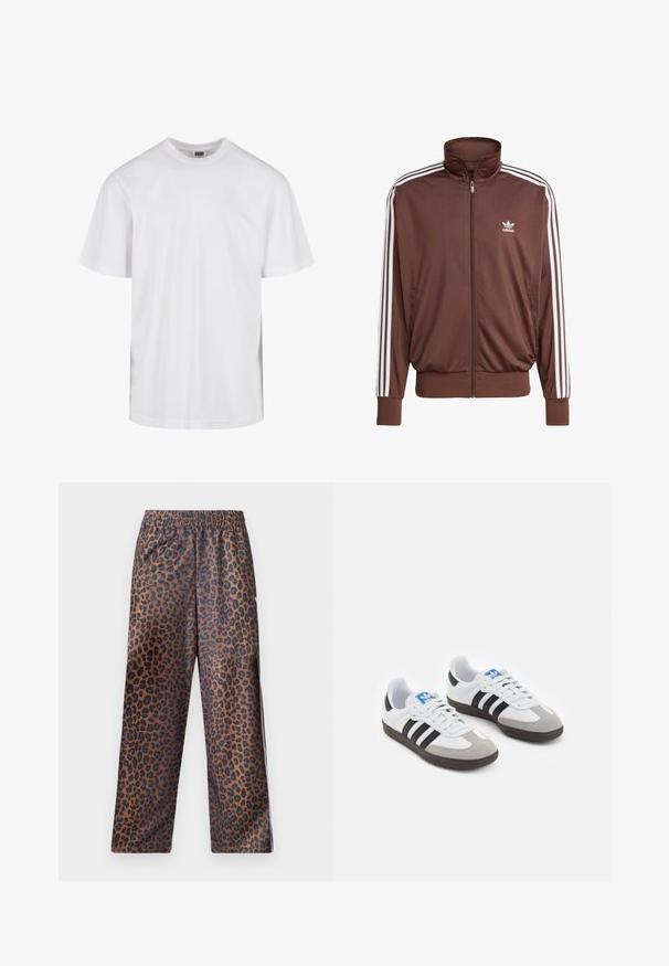 Brūns poliestera sporta žakets ar baltām sānu svītrām, augstu apkakli, priekšējo rāvējslēdzēju un Adidas logo kreisajā krūtī. Ietver divas sānu kabatas.; Balta kokvilnas T-krekls ar apaļu izgriezumu un īsām piedurknēm. Dizains ir vienkāršs, bez rakstiem vai akcentiem.; Lāču raksta bikses ar elastīgu jostasvietu. Izgatavotas no spīdīga auduma, kurām ir brūna pamatne ar melniem plankumiem un brīvu piegriezumu.; Sporta apavi ar balto ādas virsu, pelēku zamšādas purngalu un trim melnām svītrām. Iezīmē zilu logotipu uz mēles un teksturētu gumijas zoli.