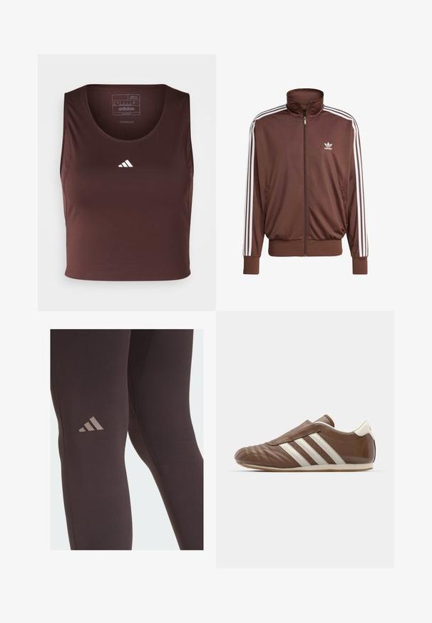 Ruskopäiväinen polyesteriset takki, jossa on valkoiset sivustripit, korkea kaulus, etuvetoketju ja Adidas-logo vasemmassa rinnassa. Varustettu kahdella sivutaskulla.; adidas Performance TECHFIT CROPPED - Toppi - shadow brown; Mustat urheiluleggingsit, joissa on sileä pinta, ja joissa on huomaamaton ruskea Adidas-logo reisissä sekä vahvistetut ompelupisteet.; adidas Originals TAEKWONDO - Loaferit/pistokkaat - preloved brown/off white