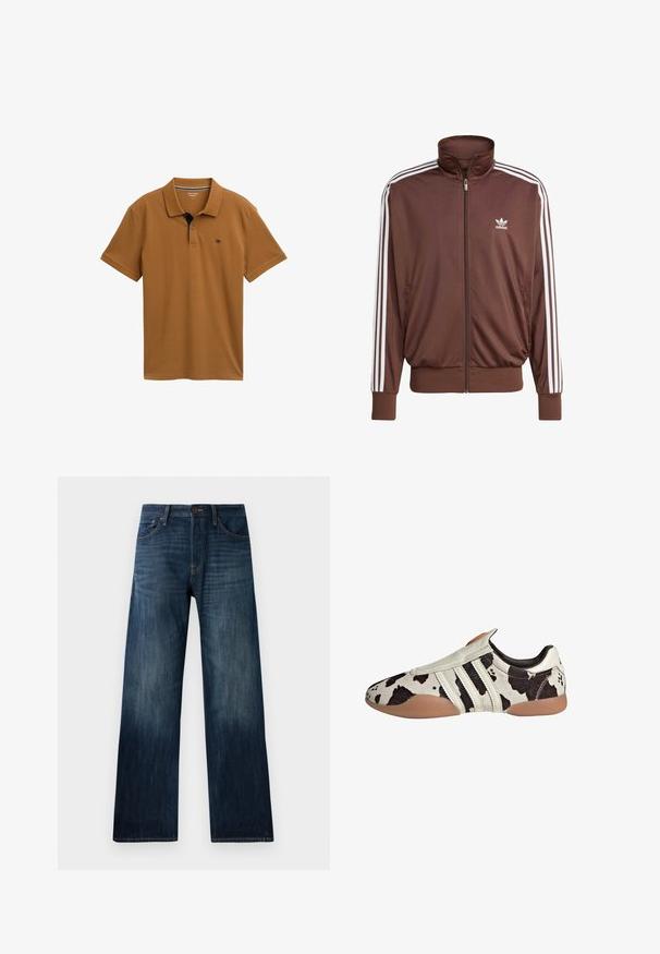 Ruskopäiväinen polyesteriset takki, jossa on valkoiset sivustripit, korkea kaulus, etuvetoketju ja Adidas-logo vasemmassa rinnassa. Varustettu kahdella sivutaskulla.; Ruskea polo-paita, joka on valmistettu sileästä puuvillasta, klassisella kaulalla, kolmella napilla varustetulla napituksella ja kauluksessa on kontrastivärinen tummansininen yksityiskohta.; Tummansiniset farkut suoran lahkeiden muotoilulla, joissa on kevyt rakenne, vyölenkit ja klassinen viiden taskun tyyli.; Valkoiset ja mustat kuviolliset nahkakengät, joissa on teksturoitu pinta, kolme valkoista vaakasuoraa raitaa ja ruskea kumipohja.