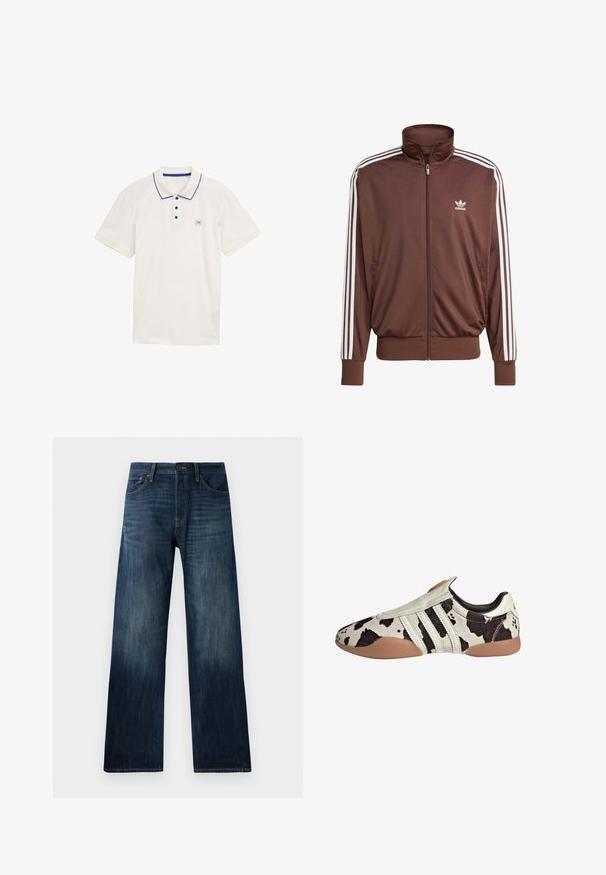 Hnědá polyesterová sportovní bunda s bílými bočními pruhy, vysokým límcem, předním zipem a logem Adidas na levé části hrudi. Obsahuje dvě boční kapsy.; Bílá polo košile z bavlny, s dvoubarevným knoflíkovým zapínáním, námořnicky modrým límcem a akcenty na rukávech a malým logem na hrudi.; Tmavě modré džíny s rovnými nohavicemi, mají lehkou texturu, poutka na pás a klasický pětipocket design.; Bílo-černé kožené boty s vzorem a texturovaným povrchem, s třemi bílými horizontálními pruhy a hnědou gumovou podrážkou.