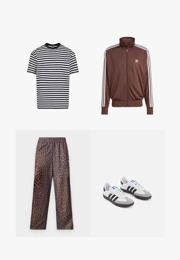 Brun polyester treningsjakke med hvite sidelister, høy krage, frontglidelås og Adidas-logo på venstre bryst. Har to sidelommer.; Svart og hvit horisontalt stripete t-skjorte med kort erm og svart krage, merket Urban Classics, størrelse medium.; Leopardmønstrede bukser med elastisk talje. Lavet af et skinnende stof, med en brun bund og sorte pletter samt en løs pasform.; Sportssko med en hvit skinnoverdel, grå semsket tå og tre svarte striper. Har en blå logo på tungen og en teksturert gummisåle.