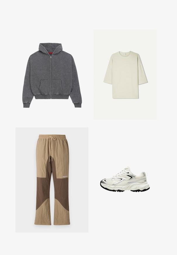 Harmaa vetoketjullinen huppari, joka on valmistettu pehmeästä kankaasta. Siinä on huppu, etupussit, ribatut hihansuut ja vyötärö. Ei kuvioita tai yksityiskohtia.; Vaaleanbeige ylivertain lyhythihainen T-paita, joka on valmistettu puuvillasekoitekankaasta; pyöreä pääntie, jossa on ompeluyksityiskohtia, rento istuvuus ja ilman kuvioita.; Harmaan ja vaaleanruskeat väri-blokitut housut, joissa on joustava vyötärö, nyöri ja tekstitunnus. Valmistettu teksturoidusta kankaasta, joissa on rento istuvuus.; Valkoiset lenkkarit, joissa on verkkokangas-yläosa, hopeiset yksityiskohdat, musta pohja ja teksturoitu pinta. Varustettu nauhakiinnityksellä ja pyöreällä kärjellä.