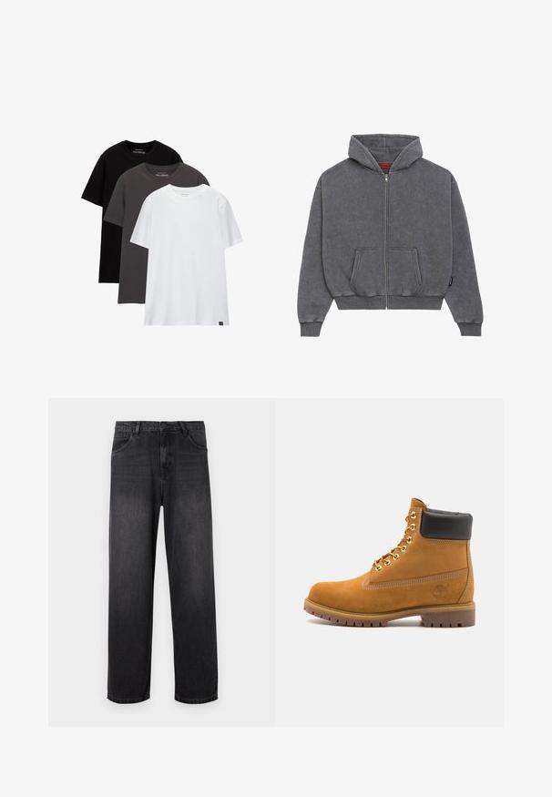 Sivá mikina na zips vyrobená z mäkkej tkaniny, s kapucňou, prednými vreckami, rebrovanými manžetami a pásom. Bez vzorov alebo akcentov.; Tričko s pravidelným strihom, v každom tričku iná farba: čierna, tmavo šedá a biela. Vyrobené z bavlny, s krátkymi rukávmi a okrúhlym výstrihom. Minimalistické logo.; Tmavošedé džíny s rovnými nohavicami, so zapínaním na zips, piatimi vreckami a jemnými odfarbeniami na látke.; Tyrkysové semišové členkové topánky s čiernym polstrovaným golierom, zlatými kovovými očkami, bielym prešívaním a robustnou gumovou podrážkou s výraznými drážkami.