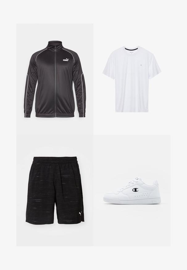 Svart zip-up jakke med høy krage, laget av glatt stoff. Har hvite detaljer langs sømmene og en liten hvit logo på brystet.; Hvit crewneck t-skjorte laget av bomull, med korte ermer og en liten logo brodert på venstre brystområde. Myk tekstur.; Sorte atletiske shorts med et teksturert design, elastisk livlinje og en liten hvit logo nederst til høyre. Lett stoff.; Hvite atletiske joggesko med en glatt syntetisk overdel, svart logo-akcent og perforerte detaljer på siden. Gummisåle.