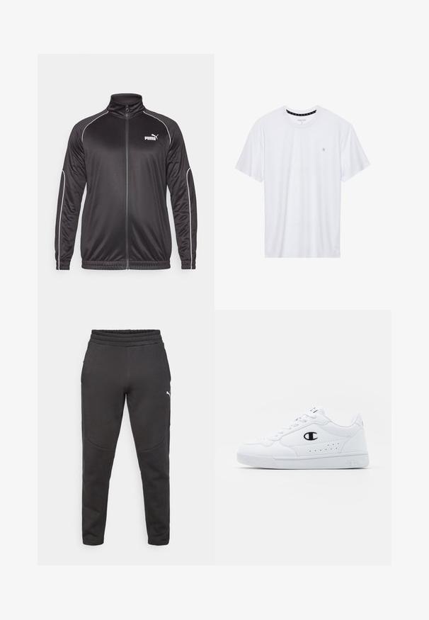 Casaco preto com fecho éclair e gola alta, feito de tecido suave. Apresenta detalhes em branco nas costuras e um pequeno logótipo branco no peito.; Camiseta branca de gola redonda feita de algodão, com mangas curtas e um pequeno logótipo bordado na área do peito esquerdo. Textura suave.; Calças de ecrã pretas, feitas de material macio, com uma cintura elástica ajustável, bolsos laterais e um discreto detalhe de logotipo na coxa esquerda.; Sapatilhas brancas de desporto com um cabedal sintético liso, detalhes em preto no logótipo e perfurações na lateral. Sola em borracha.