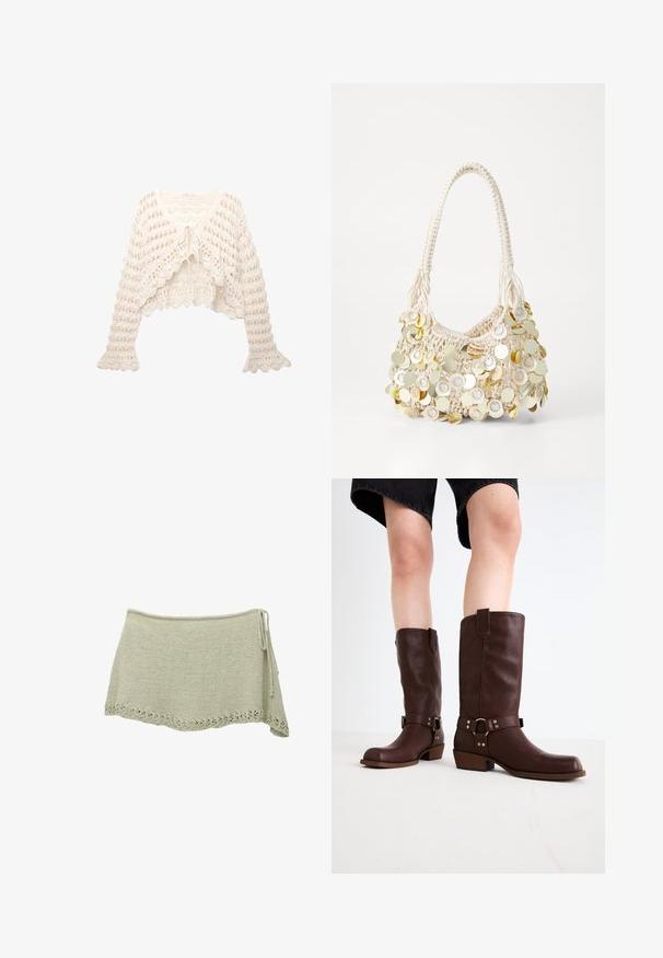 Gilet au crochet en blanc cassé. Il présente un design court, des manches évasées et une fermeture à nouer à l'avant avec un motif de tricot ouvert.; Trois débardeurs sans manches en bleu, noir et blanc. Le tissu est côtelé avec un col rond. Chaque débardeur a une étiquette portant la mention « even&odd ». ; Jupe tricotée en vert clair avec un ourlet en dentelle festonnée, lien ajustable sur le côté et un tissu texturé.; Bottes en cuir marron jusqu'au genou avec un bout arrondi, une surface texturée, une sangle au niveau de la cheville et des détails en métal argenté ; talon empilé.; PARFOIS SHOULDER BAG AU NATUREL S - Sac à main - ecru