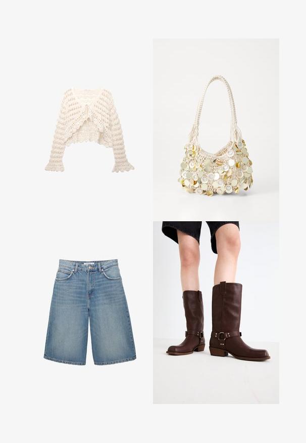 Gilet au crochet en blanc cassé. Il présente un design court, des manches évasées et une fermeture à nouer à l'avant avec un motif de tricot ouvert.; Trois débardeurs sans manches en bleu, noir et blanc. Le tissu est côtelé avec un col rond. Chaque débardeur a une étiquette portant la mention « even&odd ». ; PULL&BEAR Short en jean - blue denim; Bottes en cuir marron jusqu'au genou avec un bout arrondi, une surface texturée, une sangle au niveau de la cheville et des détails en métal argenté ; talon empilé.; PARFOIS SHOULDER BAG AU NATUREL S - Sac à main - ecru