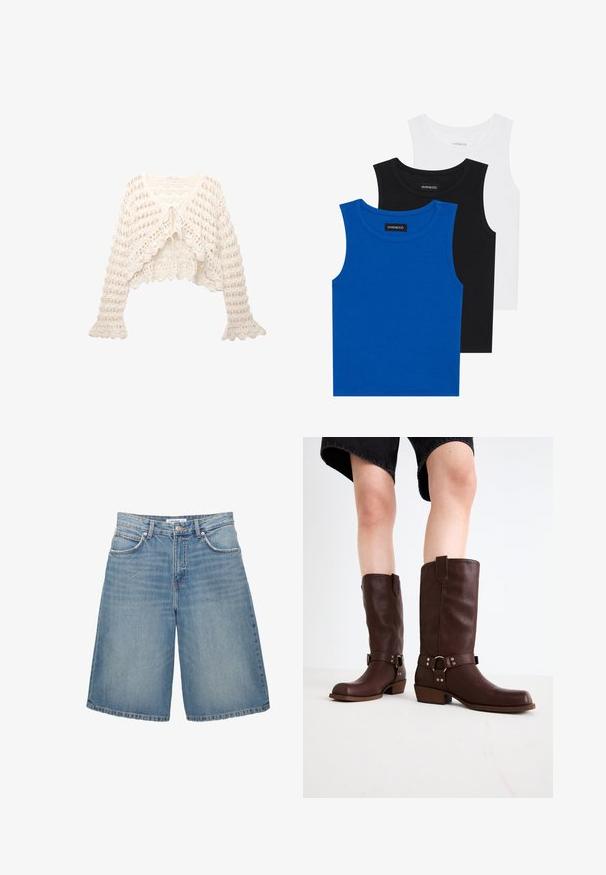 Kvačkana jopica v off-white barvi. Ima skrajšan dizajn, razširjene rokave in zavezovanje spredaj z odprtim pletenjem.; Tri majice bez rukavov v modri, črni in beli barvi. Tkanina je rebrasta z okroglo ovratnikom. Vsaka majica ima oznako "even&odd."; PULL&BEAR Kratke hlače iz džinsa - blue denim; Rjave usnjene čizme do kolen s zaobljenim nosom, teksturirano površino, trakovi okoli gležnja in srebrni detajli; zasnovane s steknjenim peto.