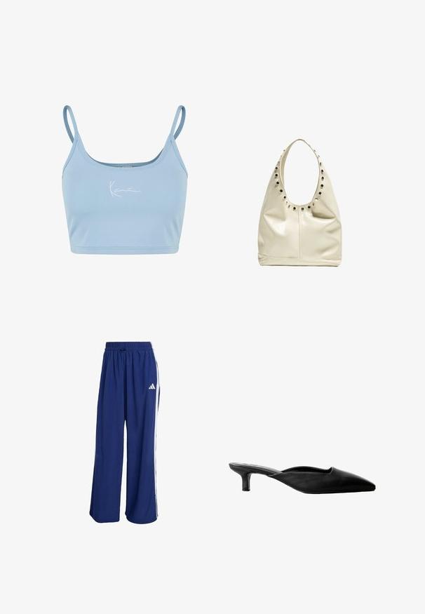 Bílý krátký cardigan s krátkým rukávem vyrobený z texturované látky, s výstřihem do V, předními kapsami a zlatými knoflíky uprostřed.; Světle modrý zkrácený top bez rukávů vyrobený z hladké látky s tenkými ramínky. Na přední straně se nachází bílé vyšívané logo.; Námořnické modré sportovní kalhoty se širokými nohavicemi, elastickým pasem a bílými bočními pruhy. Na horní levé straně se nachází logo Adidas.; Černé kožené muly na podpatku s špičatou špičkou, otevřenou patou a nízkým blokovým podpatkem. Hladká textura s minimalistickým designem.; Krémová kožená hobo taška s rounded ramenním popruhem, vyznačující se kulatými výřezy a stříbrnými akcenty podél horní hrany. Hladký povrch.