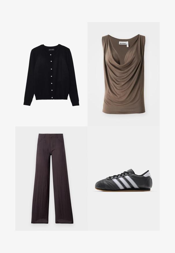 Black cardigan made of lightweight fabric, featuring a round neck, long sleeves, and eight white pearl button closures along the front.; Brown draped sleeveless top with a deep neckline. Made of soft fabric with a smooth texture. Label reads "WEEKDAY" at the neck.; Dark grey wide-leg trousers made from lightweight, textured fabric with a smooth finish, featuring front pockets and a classic waistband.; Black leather sports shoe with white stripes, round toe, flat sole, and lace closure. Features perforations for breathability.