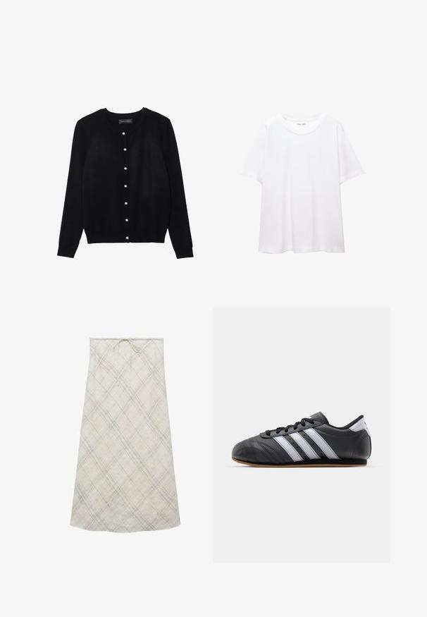 Musta neuletakkia, joka on valmistettu kevyestä kankaasta. Siinä on pyöreä kaula-aukko, pitkät hihat ja kahdeksan valkoista helmiäispainonappia edessä.; Valkoinen t-paita, joka on valmistettu puuvillasta, pyöreällä pääntiellä, lyhyillä hihoilla ja rentona istuvuutena. Suora pinta ilman kuvioita tai koristeluita.; Mango Maksihame - beige; Musta nahkakenkä urheilumalli valkoisilla raidoilla, pyöreällä varvalla, tasapohjalla ja nauhakohdistuksella. Varustettu rei'ityksillä hengittävyyden parantamiseksi.