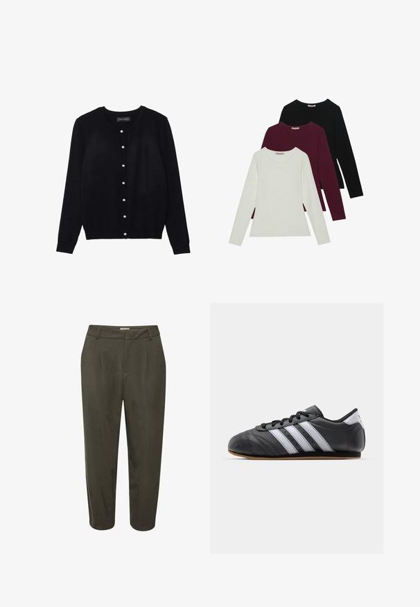 Black cardigan made of lightweight fabric, featuring a round neck, long sleeves, and eight white pearl button closures along the front.; Long-sleeve t-shirts in white, burgundy, and black. Made of soft fabric with a round neckline and fitted design. Suitable for layering.; Dark green, tailored trousers with pleats, a fitted waistband, and a cropped length. Made from a smooth fabric with a subtle sheen.; Black leather sports shoe with white stripes, round toe, flat sole, and lace closure. Features perforations for breathability.