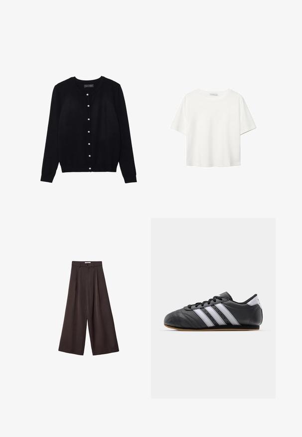 Černý kardigan z lehkého materiálu, s kulatým výstřihem, dlouhými rukávy a osmi bílými perlovými knoflíky po celé přední straně.; Bílý krátký rukáv tričko vyrobené z bavlny. Má kulatý výstřih a volný střih. Hladký materiál bez viditelných vzorů nebo akcentů.; Černé široké kalhoty s vysokým pasem, s předními záhyby a zapínáním na knoflík v pase, vyrobené z hladké látky.; Černá kožená sportovní obuv s bílými pruhy, kulatou špičkou, plochou podrážkou a šněrováním. Disponuje perforacemi pro prodyšnost.