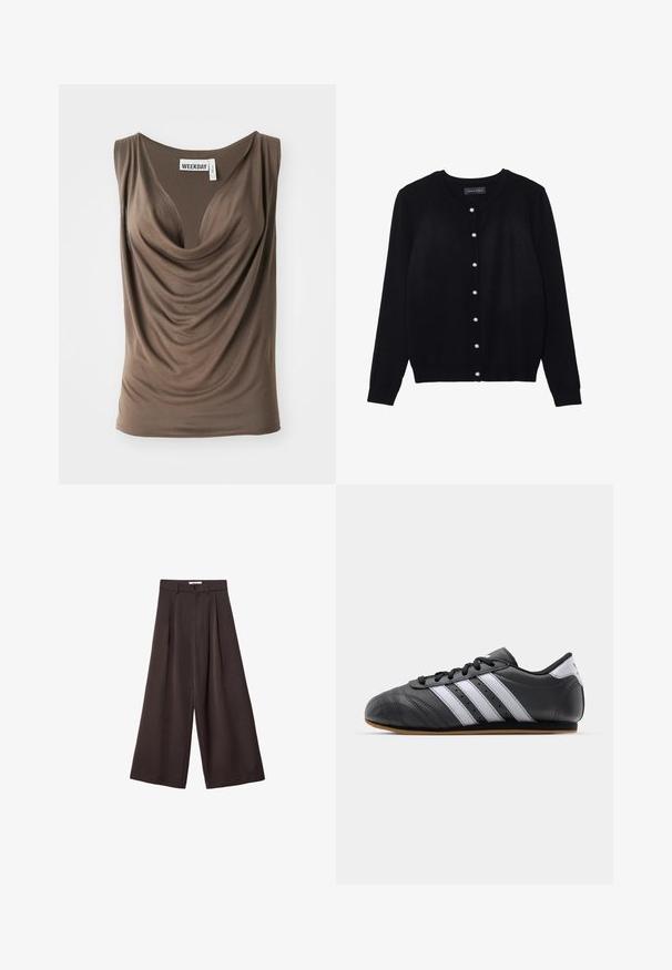 Black cardigan made of lightweight fabric, featuring a round neck, long sleeves, and eight white pearl button closures along the front.; Brown draped sleeveless top with a deep neckline. Made of soft fabric with a smooth texture. Label reads "WEEKDAY" at the neck.; Black wide-leg trousers with a high waist, featuring front pleats and a button closure at the waist, made from smooth fabric.; Black leather sports shoe with white stripes, round toe, flat sole, and lace closure. Features perforations for breathability.
