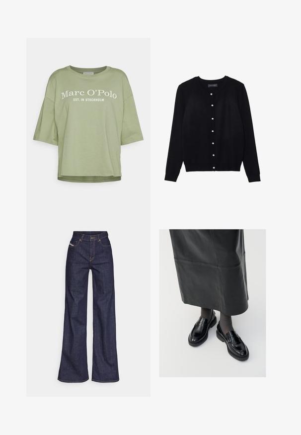 Cardigan preto feito de tecido leve, com gola redonda, mangas longas e oito fechos de botão de pérola branca na frente.; Marc O'Polo ROUND NECK - T-shirt estampada - breezy mint; Jeans de perna larga azul escuro em tecido de denim com alta cintura, apresentando costura laranja, design de cinco bolsos e fecho de botão.; Mocassins de pele preta com um acabamento liso, apresentando uma fita decorativa, bico redondo e sola texturizada. Usados com uma saia longa de pele preta.