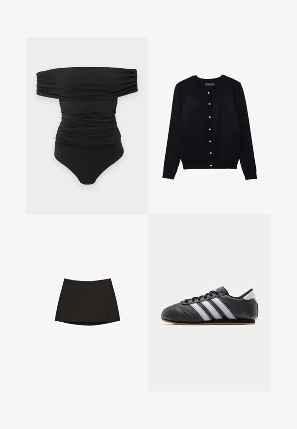 Zwarte cardigan van lichtgewicht stof, met een ronde hals, lange mouwen en acht witte parelknopen aan de voorkant.; Zwarte off-shoulder ruched bodysuit met drukknoopsluiting bij het kruis, plat gelegd op een witte achtergrond.; Zwarte mini-jurk met een rechte snit en een lichte zijsplit. Gemaakt van een gladde stof, met een schone zoom en een minimalistisch ontwerp.; Zwarte leren sportschoen met witte strepen, ronde neus, platte zool en vetersluiting. Bevat perforaties voor ademend vermogen.