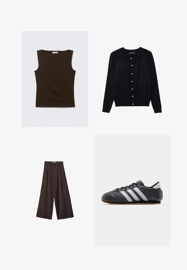 Črn kardigan iz lahkega blaga, z okroglim ovratnikom, dolgimi rokavi in osmimi belimi bisernimi gumbi, ki zapirajo sprednji del.; Rjava brezrokavna majica, narejena iz raztegljive tkanine. Ima okroglo izreznico in oprijet kroj s čistimi robovi. Na etiketi piše "WEEKDAY."; Črne široke hlače z visokim pasom, ki vsebujejo sprednje nabore in z gumbom za zapiranje na pasu, izdelane iz gladkega materiala.; Črne usnjene športne čevlje z belimi črtami, okroglo konico, ravnim podplatom in vezalnim zapiranjem. Ima perforacije za zračnost.