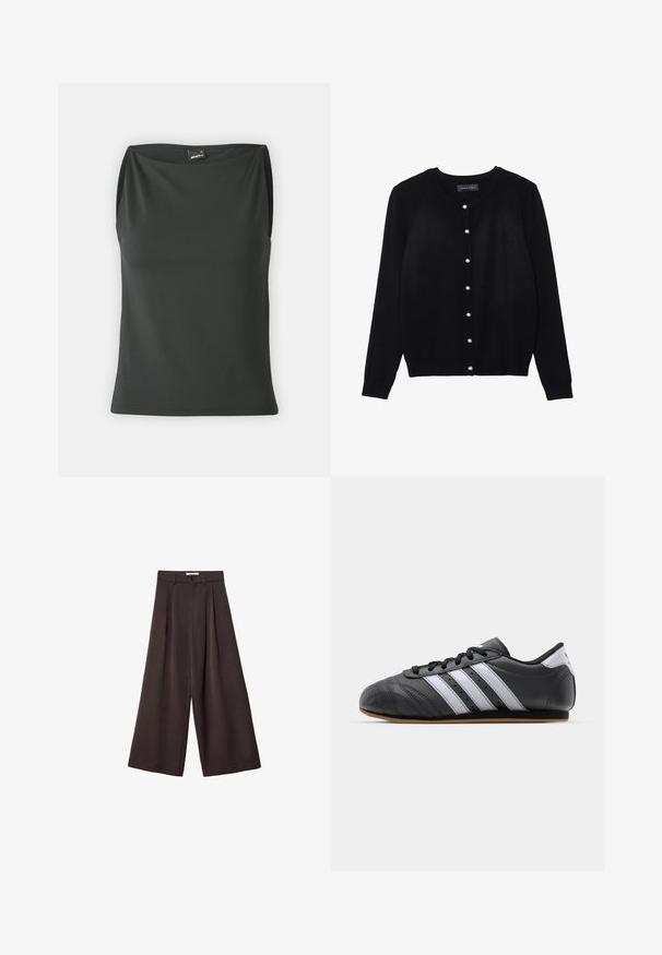 Čierny kardigán vyrobený z ľahkej tkaniny, s okrúhlym výstrihom, dlhými rukávmi a ôsmymi bielymi perlovými gombíkmi po celej prednej strane.; Gina Tricot SLEEVELESS MICRO - Top - black; Čierne široké nohavice s vysokým pásom, so záhybmi vpredu a zapínaním na gombík v páse, vyrobené z hladkého materiálu.; Čierne kožené športové topánky s bielymi pruhmi, okrúly špička, plochá podrážka a šnurovanie. Obsahujú perforácie pre lepšiu priedušnosť.