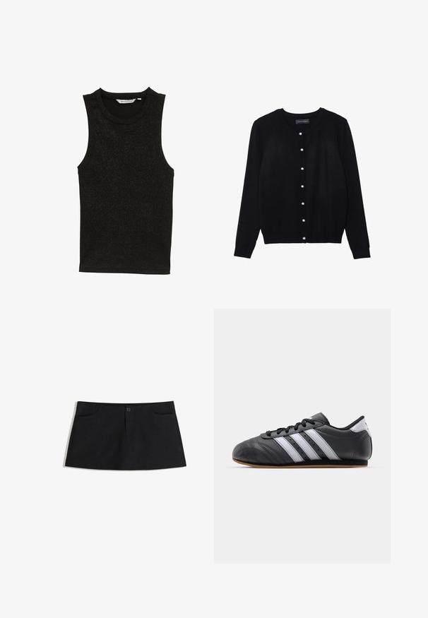 Sort cardigan lavet af letvægtsstof, med rund hals, lange ærmer og otte hvide perleknapper foran.; Sort ærmeløs top lavet af et struktureret, glitrende stof. Har en rund halsudskæring og et tætsiddende design uden pynt.; Sort, knælang nederdel lavet af blødt stof. Har to frontlommer og en enkelt knaplukning i taljen.; Sorte lædersportssko med hvide striber, rund tå, flad sål og snørelukning. Har perforeringer for åndbarhed.