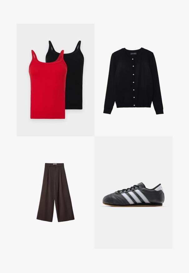 Cardigan noir en tissu léger, avec un col rond, des manches longues et huit fermetures à boutons en perles blanches sur le devant.; Deux débardeurs côtelés en rouge et noir. Chacun a des bretelles fines, une coupe ajustée et une texture en coton doux. Pas de logos ni de motifs visibles.; Pantalons larges noirs à taille haute, dotés de pli devant et d'une fermeture à bouton à la taille, fabriqués en tissu lisse.; Baskets de sport en cuir noir avec des rayures blanches, bout rond, semelle plate et fermeture à lacets. Comprend des perforations pour la respirabilité.