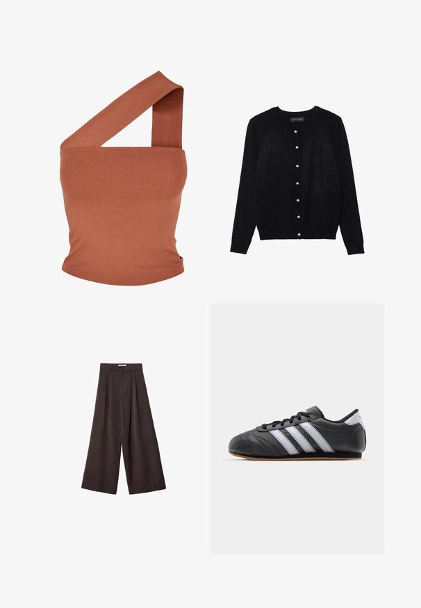 Čierny kardigán vyrobený z ľahkej tkaniny, s okrúhlym výstrihom, dlhými rukávmi a ôsmymi bielymi perlovými gombíkmi po celej prednej strane.; Asymetrický top na jedno plece v hrdzavohnedej elastickej tkanine. Úzky strih so širokým ramienkom a hladkou textúrou. Bez vzorov alebo akcentov.; Čierne široké nohavice s vysokým pásom, so záhybmi vpredu a zapínaním na gombík v páse, vyrobené z hladkého materiálu.; Čierne kožené športové topánky s bielymi pruhmi, okrúly špička, plochá podrážka a šnurovanie. Obsahujú perforácie pre lepšiu priedušnosť.