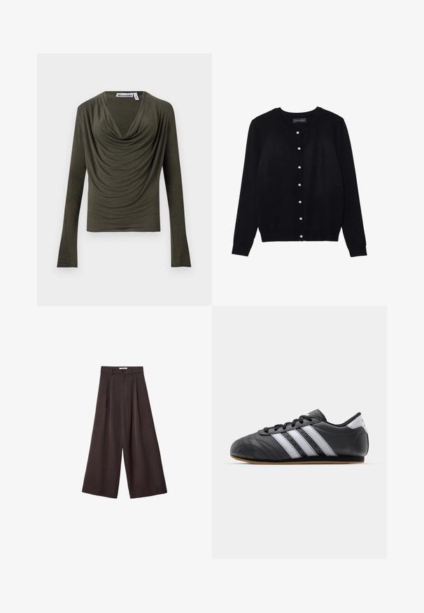 Black cardigan made of lightweight fabric, featuring a round neck, long sleeves, and eight white pearl button closures along the front.; Olive green long-sleeve top with a draped cowl neckline, soft texture, and fitted design. Label reads "WEEKDAY."; Black wide-leg trousers with a high waist, featuring front pleats and a button closure at the waist, made from smooth fabric.; Black leather sports shoe with white stripes, round toe, flat sole, and lace closure. Features perforations for breathability.