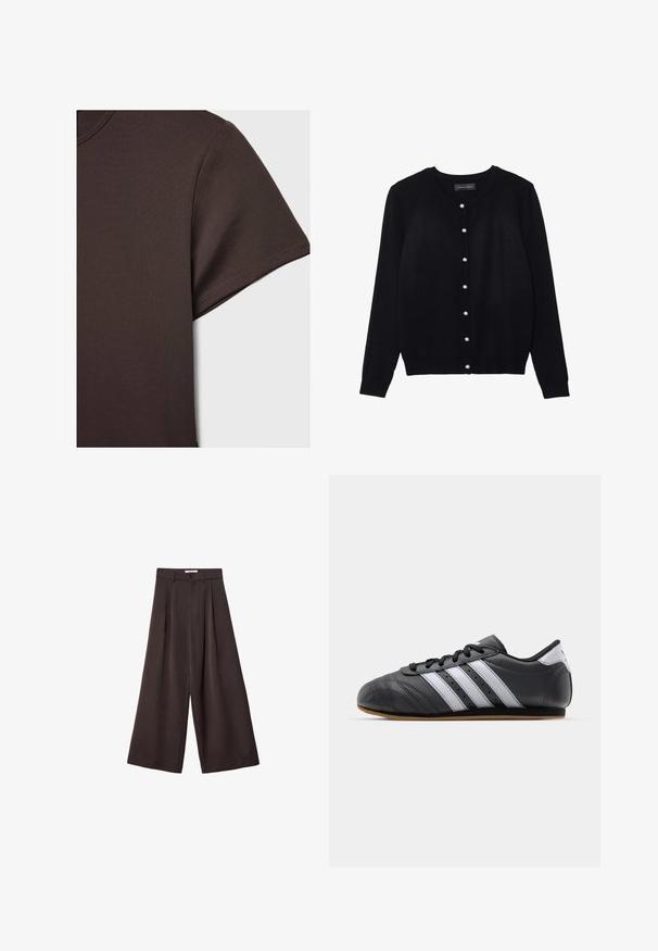 Cardigan nero realizzato in tessuto leggero, dotato di scollatura rotonda, maniche lunghe e otto bottoni a perla bianchi lungo la parte anteriore.; T-shirt corto marrone scuro realizzato in materiale liscio ed elastico, con colletto rotondo classico e dettagli di cucitura puliti.; Pantaloni neri a gamba larga con vita alta, caratterizzati da pieghe frontali e chiusura con bottone in vita, realizzati in tessuto liscio.; Scarpa sportiva in pelle nera con strisce bianche, punta rotonda, suola piatta e chiusura con lacci. Presenta perforazioni per la traspirabilità.