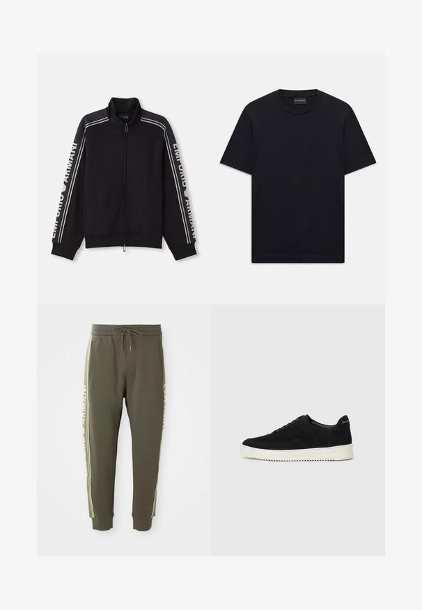 Juodas zip-up džemperis su aukštu apykakle, turintis smėlio spalvos juosteles ir "Emporio Armani" tekstą rankovėse. Minkšta medžiaga, du šonai kišenės.; Juoda trumpo rankovės marškinėliai su apvalia iškirpte, su subtiliu iškilniu logotipo dizainu viduryje krūtinės ir ženklu vidinėje apykaklės pusėje.; Olivos žalios spalvos sportinės kelnes, pagamintas iš minkštos medžiagos, su raišteliu juosmens srityje, su šoninėmis juostomis ir baltais užrašais ant išorinių siūlių.; Juodos veliūrinės sportinės bateliai su raištelių dizainu ir kontrastinga balta gumine padais. Yra tekstūruoti šoniniai skydeliai ir subtilus logotipas ant kulno.