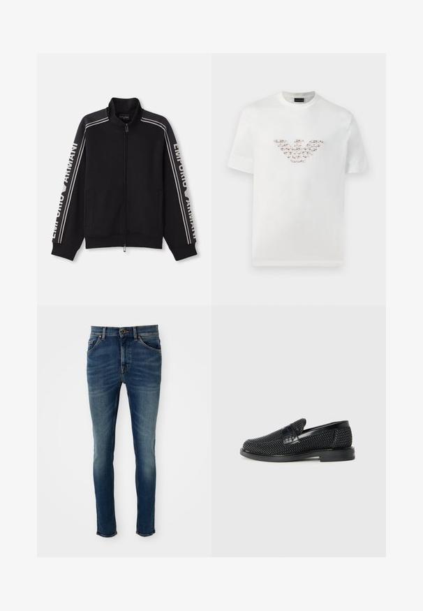 Črna zip-up jakna z visokim ovratnikom, ki ima bež črte in napis "Emporio Armani" ob rokavih. Mehka tkanina, dva stranska žepa.; Bela bombažna majica s kratkimi rokavi in okroglo izrezom. Ima osrednji logotip v rožnati in rjavi barvi.; Modri oprijeti jeans hlače iz denima z sprednjimi žepi, zankami za pas, zadrgo in blede podrobnosti na stegnih in kolenih.; Črne pletene zavezane čevlje s gladkim usnjenim poudarkom na zgornjem delu, okroglo zasnovo nosu in nizkoprofilsko gumijasto podplat.