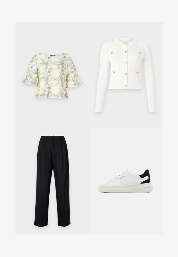 Weißer gerippter Cardigan mit langen Ärmeln, runder Halslinie, sechs goldenen Knöpfen und zwei vorderen Taschen mit Klappendetails.; Bruuns Bazaar YVONNE CARLIS - Bluse - multi coloured; Gestricktes weißes Kurzarmoberteil mit subtilen Mustern, das über einen runden Ausschnitt und einen goldenen Akzent am Saum verfügt. Die Textur wirkt leicht und atmungsaktiv.; Schwarze Hose mit maßgeschneidertem Design, featuring eine hohe Taille, Falten und geraden Beinen. Hergestellt aus glattem Stoff in einfarbiger Ausführung.; Weiße Leder-Sneaker mit einer dicken weißen Sohle, schwarzem Wildlederakzent an der Ferse und geprägtem Logo an der Seite. Schnürdesign mit sechs Ösen.