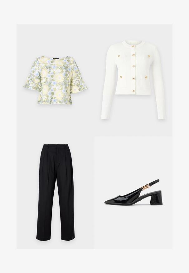 Hvid ribbet cardigan med lange ærmer, rund halsudskæring, seks guldknapper og to forlommer med klaplukninger.; Bruuns Bazaar YVONNE CARLIS - Bluse - multi coloured; Sorte bukser med skræddersyet design, der har høj talje, læg og lige ben. Fremstillet af glat stof i ensfarvet.; Sorte patentlæder slingback pumps med spidse tæer og guldfarvet hardware på remmen, med en blokhælhøjder. Glat tekstur.