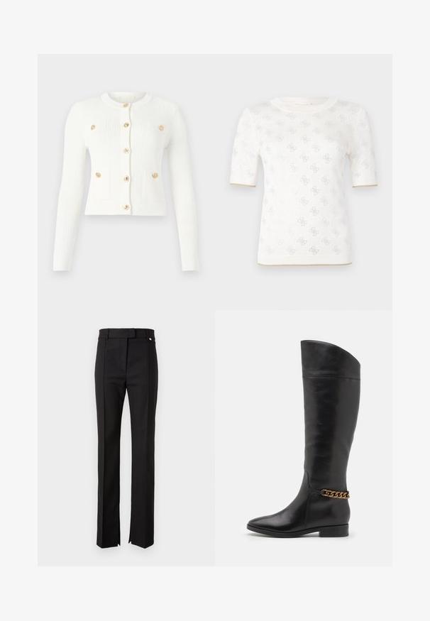 Weißer gerippter Cardigan mit langen Ärmeln, runder Halslinie, sechs goldenen Knöpfen und zwei vorderen Taschen mit Klappendetails.; Gestricktes weißes Kurzarmoberteil mit subtilen Mustern, das über einen runden Ausschnitt und einen goldenen Akzent am Saum verfügt. Die Textur wirkt leicht und atmungsaktiv.; Schwarze maßgeschneiderte Hosen mit geradem Beinschnitt, ausgestattet mit einem Bund mit Knopfverschluss und seitlichen Schlitzen am Saum.; Hohe schwarze Lederstiefel mit elegantem Design, spitzer Zehe und einem goldenen Kettenakzent am Knöchel. Tiefer Blockabsatz. Glatte Textur.