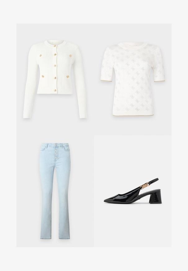 Cardigan alb cu linii, cu mâneci lungi, decolteu rotund, șase nasturi aurii și două buzunare frontale cu detalii de clapetă.; Tricou alb cu mânecă scurtă, tricotat, cu un model subtil, având un guler rotund și un accent auriu la tiv. Textura pare ușoară și respirabilă.; Jeanși de culoare albastru deschis, din denim, cu un design cu talie înaltă și cinci nasturi metalici în față, având o siluetă cu picior evazat.; Pantofi slingback din piele lăcuită neagră, cu vârf ascuțit și accesorii de culoare aurie pe curea, având toc bloc. Textură netedă.