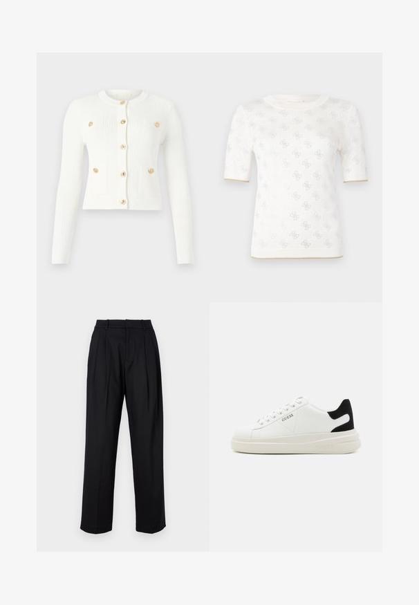 Bílý žebrovaný kardigan s dlouhými rukávy, kulatým výstřihem, šesti zlatými knoflíky a dvěma předními kapsami s klopami.; Pletený bílý top s krátkým rukávem a jemným vzorem, s kulatým výstřihem a zlatým akcentem na lemu. Textura vypadá lehce a prodyšně.; Černé kalhoty s přizpůsobeným designem, vysokým pasem, sklady a rovnými nohavicemi. Vyrobené z hladké látky s jednou barvou.; Bílé kožené tenisky s tlustou bílou podrážkou, černým semišovým akcentem na patě a vyraženým logem na boku. Šněrovací design se šesti očka.