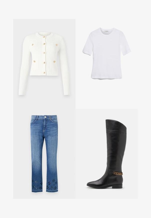 Valge harkidega kardigan, millel on pikad varrukad, ümmargune kaelus, kuus kuldset nööpi ja kaks esi-taskut klapi detailidega.; Valge lühikeste varrukatega T-särk ribatud kangast. Ümara kaelusega, tavalisest sobivusest ja peente õmbluse detailidega. Ilma mustrite või graafikateta.; Sinine teksapüksid sirge lõikega, millel on lillelised lõikega kujundused ääres. Klassikaline viie taskuga stiil ning ees on nappide kinnihoidmiseks nupud.; Kõrged mustad nahast saapad, millel on stiilne disain, terav nina ja kuldne kett aktsent pahkluul. Madal plokk-konts. Sile tekstuur.