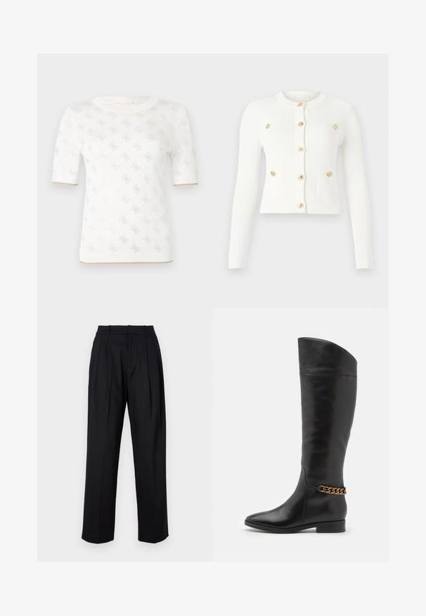 Fehér bordázott kardigán hosszú ujjaival, kerek nyakkivágással, hat arany gombbal és két elülső zsebbel, amelyek fedéllel rendelkeznek.; Kötött fehér rövid ujjú felső finom mintával, kerek nyakkivágással és arany részlettel az alján. A textúra könnyűnek és lélegzőnek tűnik.; Fekete nadrág, testre szabott kialakítással, magas derékkal, redőkkel és egyenes lábakkal. Simító anyagból készült, egyszínű.; Magas fekete bőrcsizma áramvonalas dizájnnal, hegyes orral és arany lánc díszítéssel a bokán. Alacsony, tömbsarkú. Sima felület.