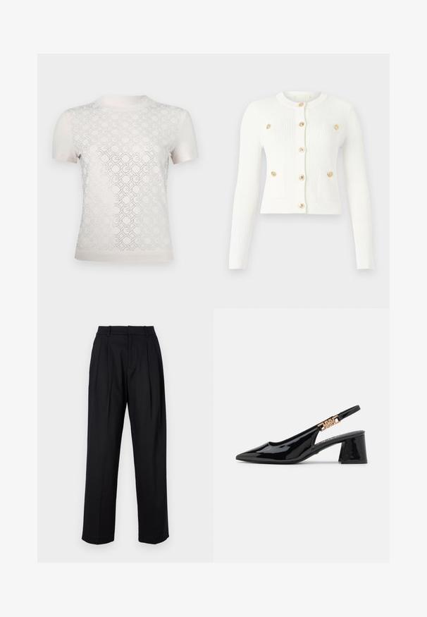 Bílý žebrovaný kardigan s dlouhými rukávy, kulatým výstřihem, šesti zlatými knoflíky a dvěma předními kapsami s klopami.; Světlé béžové tričko s krátkým rukávem, které se vyznačuje geometrickým vzorem s výřezy, hladkou texturou a kulatým výstřihem.; Černé kalhoty s přizpůsobeným designem, vysokým pasem, sklady a rovnými nohavicemi. Vyrobené z hladké látky s jednou barvou.; Černé lakované slingback lodičky s špičatou špičkou a zlatými detaily na pásku, s blokovým podpatkem. Hladký povrch.