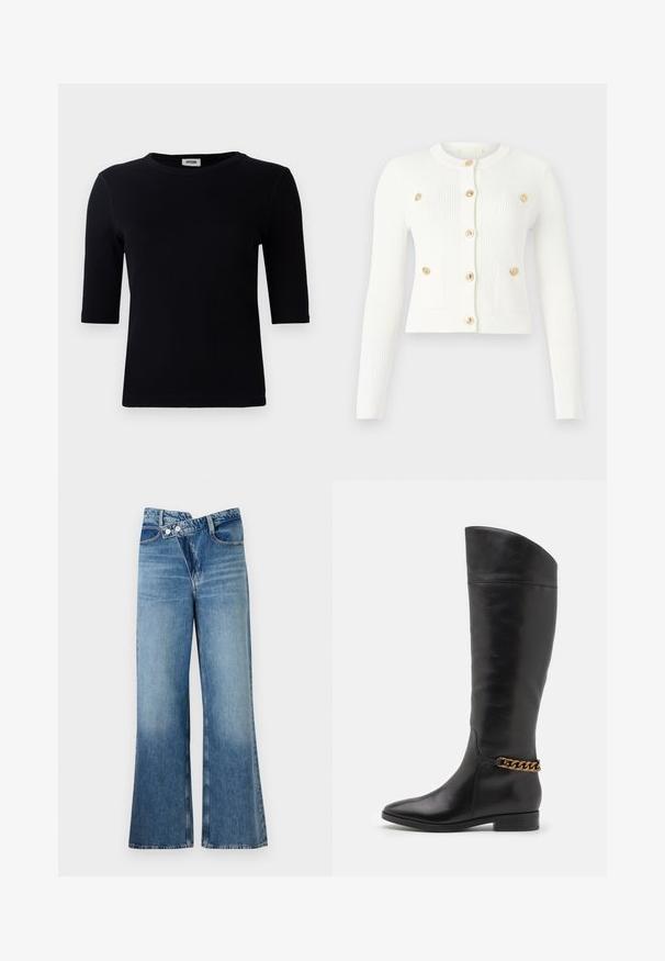 Vit ribbad cardigan med långa ärmar, rund halsringning, sex guldfärgade knappar och två frampocket med klaffdetaljer.; Svart ribbad t-shirt med rund halsringning och trekvartsärmar. Tyget har en slät textur och rak sidsöm. Ingen synlig branding.; Ljust blå denim jeans med utsvängda ben och hög midja, med två knappar och framfickor. Tyget har en blekt textur med subtila variationer.; Höga svarta läderstövlar med en strömlinjeformad design, spetsig tå och en guldkedja vid vristen. Låg klack. Slät yta.