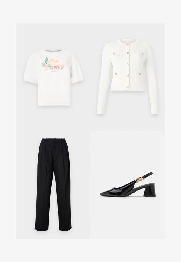 Hvit stripet cardigan med lange ermer, rund hals, seks gullknapper og to frontlommer med klaffedetaljer.; Hvit bomulls t-skjorte med korte ermer, med et fargerikt ørkenmotiv og teksten "COWGIRLS bare vil ha det gøy" i rosa og grønt.; Sorte bukser med en skræddersyet design, der har høj talje, folder og lige ben. Lavet af glat stof i en ensfarvet farve.; Sorte patenterte skinn slingback pumps med spiss tå og gullfarget detaljer på stroppen, med en blokk-helt. Glatt tekstur.