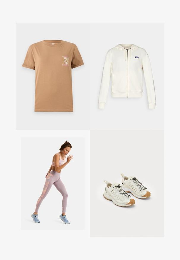 Creme farvet hættezippertrøje lavet af blødt stof. Har forlommer og et lille logo-patch på venstre bryst. Ribbet manchetter og kant.; Brun bomulds T-shirt med korte ærmer. Har et lille, farverigt grafisk motiv på venstre bryst område, der skildrer et solnedgangstema.; Lyserød sportsbh med blomstermønster, parret med lyse lilla leggings med blomsterdetaljer og orange sidestribe. Blå løbesko.; Letvægts, cremefarvede træningssko med mesh-overdel, sorte elastiske snørrebånd og brune gummi-såle accenter for godt greb og holdbarhed.
