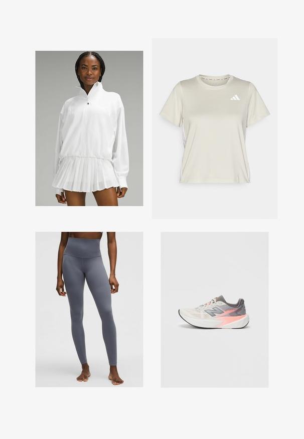 Chaqueta deportiva blanca con cuello alto, cierre de cremallera y falda plisada perforada. Presenta mangas largas y cinturilla ajustable.; adidas Performance TRAIN ESSENTIALS 3STRIPES WORKOUT - Camiseta deportiva - alumina/white; Leggings de tiro alto en una suave tela gris, con una textura lisa y un diseño ajustado de longitud completa.; Zapatilla de running de New Balance en gris claro y rosa con suela blanca gruesa y suela negra, vista lateral sobre fondo liso.