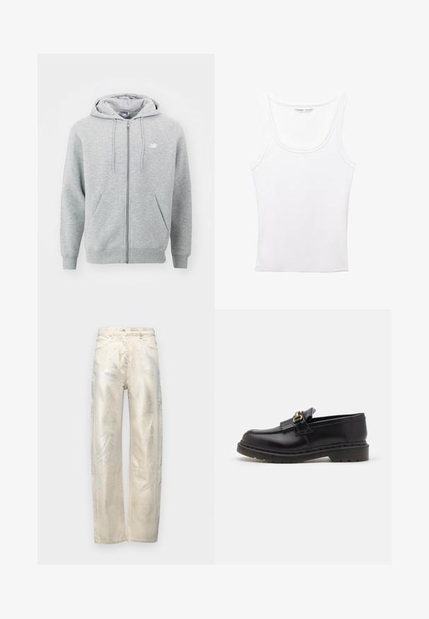 Grauer Reißverschluss-Hoodie aus weichem Material. Verfügt über einen Frontreißverschluss, zwei Seitentaschen und eine Kapuze mit Kordelzügen. Weißes Logo auf der Brust.; PULL&BEAR Top - white; Helle beigefarbene weite Jeans mit metallischem Glanz, gefertigt aus Denim mit einer glatten Textur und dem klassischen Fünf-Taschen-Design.; Schwarze Lederloafers mit runder Zehenform, dekorativem Fransenbesatz und goldenen Hardware-Akzenten. Dicke Gummisohle für zusätzlichen Halt und Strapazierfähigkeit.