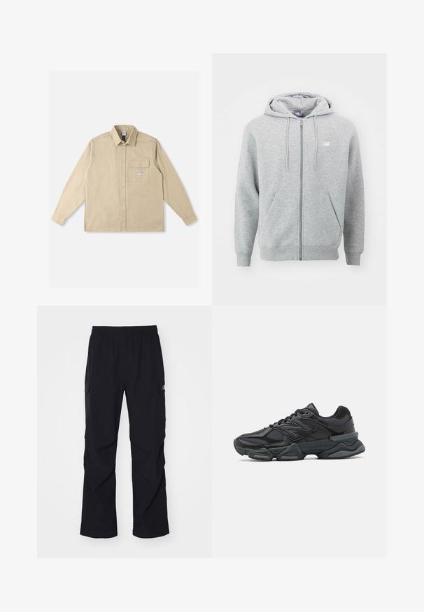 Grijze hoodie met rits gemaakt van zachte stof. Beschikt over een voorkant met rits, twee zijzakken en een capuchon met trekkoorden. Witte logo op de borst.; Beige shirt met lange mouwen van katoenen stof, voorzien van een klassieke kraag, knoopsluiting aan de voorkant, een borstzak en een merkpatch op de zak.; Zwarte cargo broek van lichtgewicht materiaal, met een elastische tailleband, zijzakken en een recht gesneden ontwerp.; Zwarte hardloopschoen met een mix van mesh en synthetische materialen, een stevige zool, gebogen ontwerp en prominente branding op de zijkant.