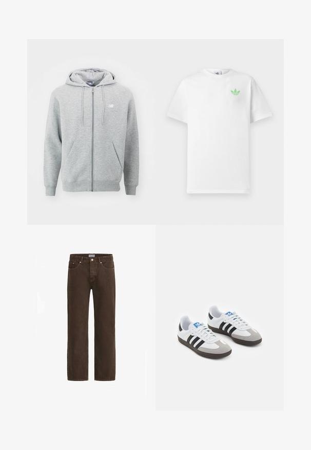 Felpa grigia con zip realizzata in tessuto morbido. Presenta una cerniera frontale, due tasche laterali e un cappuccio con coulisse. Logo bianco sul petto.; T-shirt bianca in cotone con maniche corte, caratterizzata da un piccolo logo Adidas verde sul lato sinistro del petto. Design semplice e classico con scollatura rotonda.; Jeans in denim marrone con taglio dritto, design a cinque tasche e accessori in metallo. Presentano una chiusura a bottone e un'etichetta sul cinturino con il marchio.; Scarpe sportive con tomaia in pelle bianca, punta in suede grigia e tre strisce nere. Presentano un logo blu sulla linguetta e una suola in gomma testurizzata.