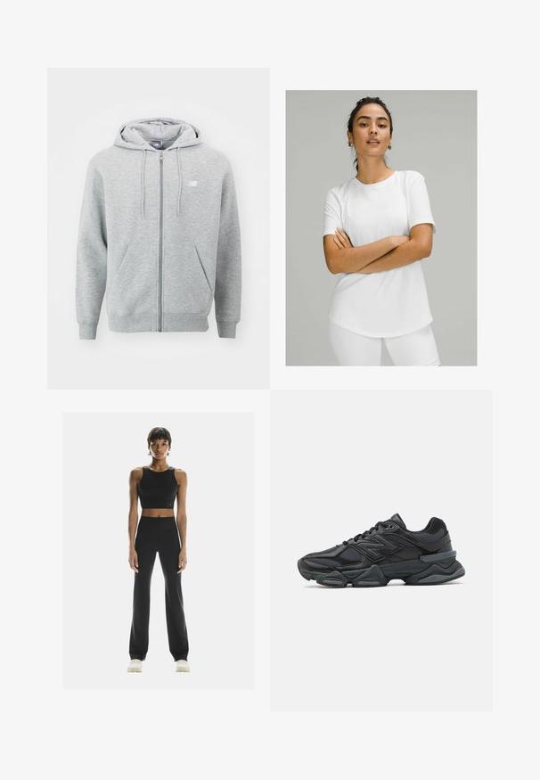 Grauer Reißverschluss-Hoodie aus weichem Material. Verfügt über einen Frontreißverschluss, zwei Seitentaschen und eine Kapuze mit Kordelzügen. Weißes Logo auf der Brust.; Weißes Kurzarm-T-Shirt aus glattem Stoff, mit rundem Halsausschnitt und abgerundetem Saum. Getragen mit weißen Unterteilen.; On STUDIO - Tights - black; Schwarzer Laufschuh mit einer Mischung aus Mesh- und sinthetischen Materialien, dicke Sohle, geschwungenes Design und auffälliger Markenkennzeichnung an der Seite.