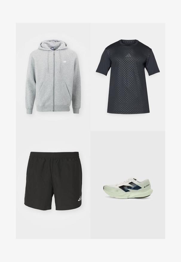 Haut à capuche zippé gris en tissu doux. Il comprend une fermeture éclair à l'avant, deux poches latérales et une capuche avec des cordons de serrage. Logo blanc sur la poitrine.; Chemise noire à manches courtes avec un motif géométrique texturé sur le devant et un dos lisse, fabriquée en matériau léger et respirant.; Shorts de sport noirs avec une taille élastique, des fentes sur les côtés et des accents de logo réfléchissants. Fabriqués en tissu léger et lisse.; Chaussure de course blanche avec une tige en mesh translucide, accents bleu marine et semelle intermédiaire vert clair. Dispose d'une semelle rembourrée pour le confort.