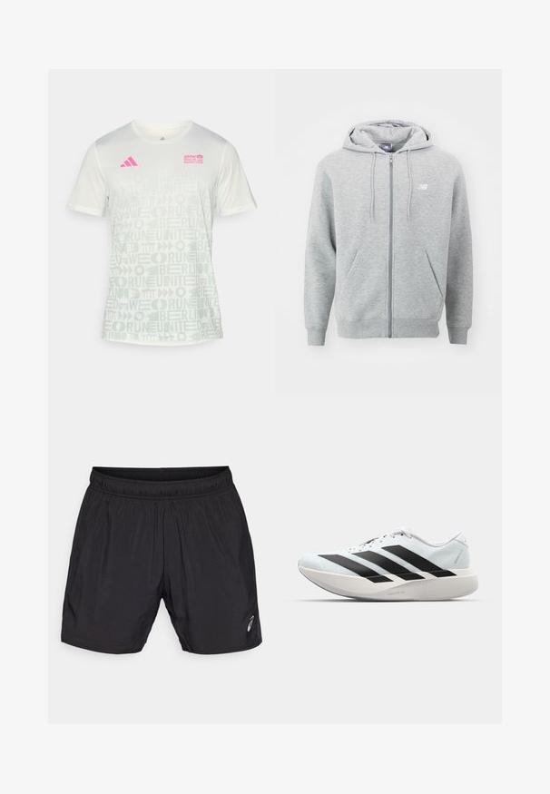 Pelēks jaku-hoodie ar rāvējslēdzēju, izgatavots no mīksta auduma. Iespējas: priekšējais rāvējslēdzējs, divas sānu kabatas un kapuce ar auklām. Baltā logo uz krūtīm.; adidas Performance BER25 AOP TEE - Sporta krekli - crystal jade; Melnas sporta šortus, kas izgatavoti no viegla materiāla, ar elastīgu jostu un mazu logotipu apakšējā kreisajā pusē.; Gaiši zili vieglie skriešanas apavi ar melniem svītrainiem. Iezīmēti ar gludu augšpusi, apaļu purngalu un biezāko balto vidējo zoli, kurā ir uzraksts "LIGHTSTRIKE PRO."